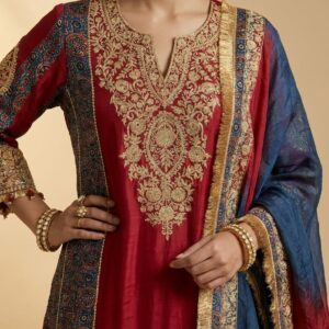 Red Silk Suit with Gold Embroidery