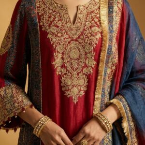 Red Silk Suit with Gold Embroidery