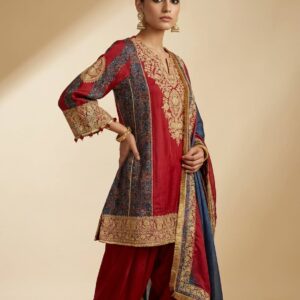 Red Silk Suit with Gold Embroidery