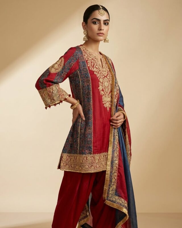 Red Silk Suit with Gold Embroidery