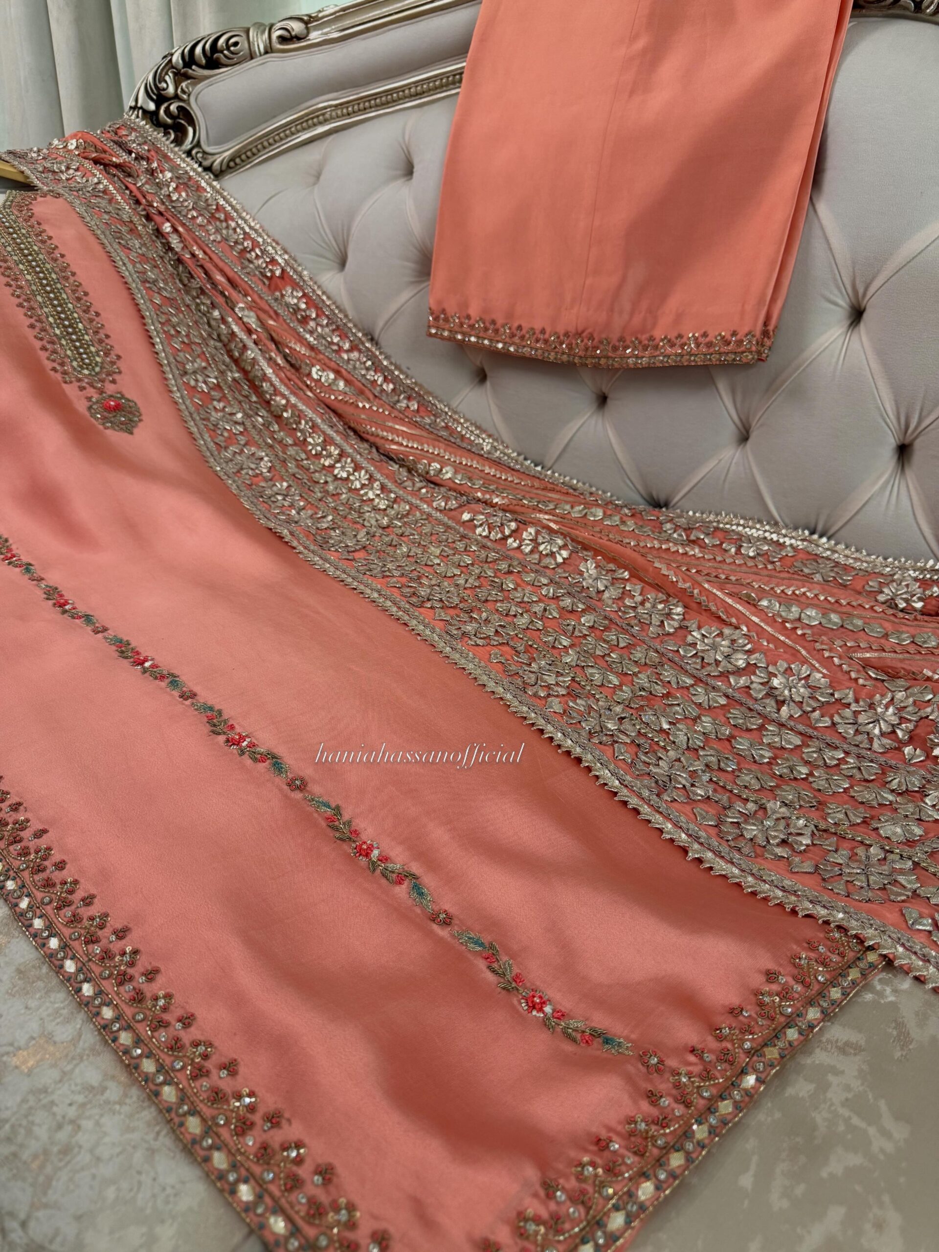 Coral Pink Silk Embellished Suit with Heavy Gota Dupatta - Image 9