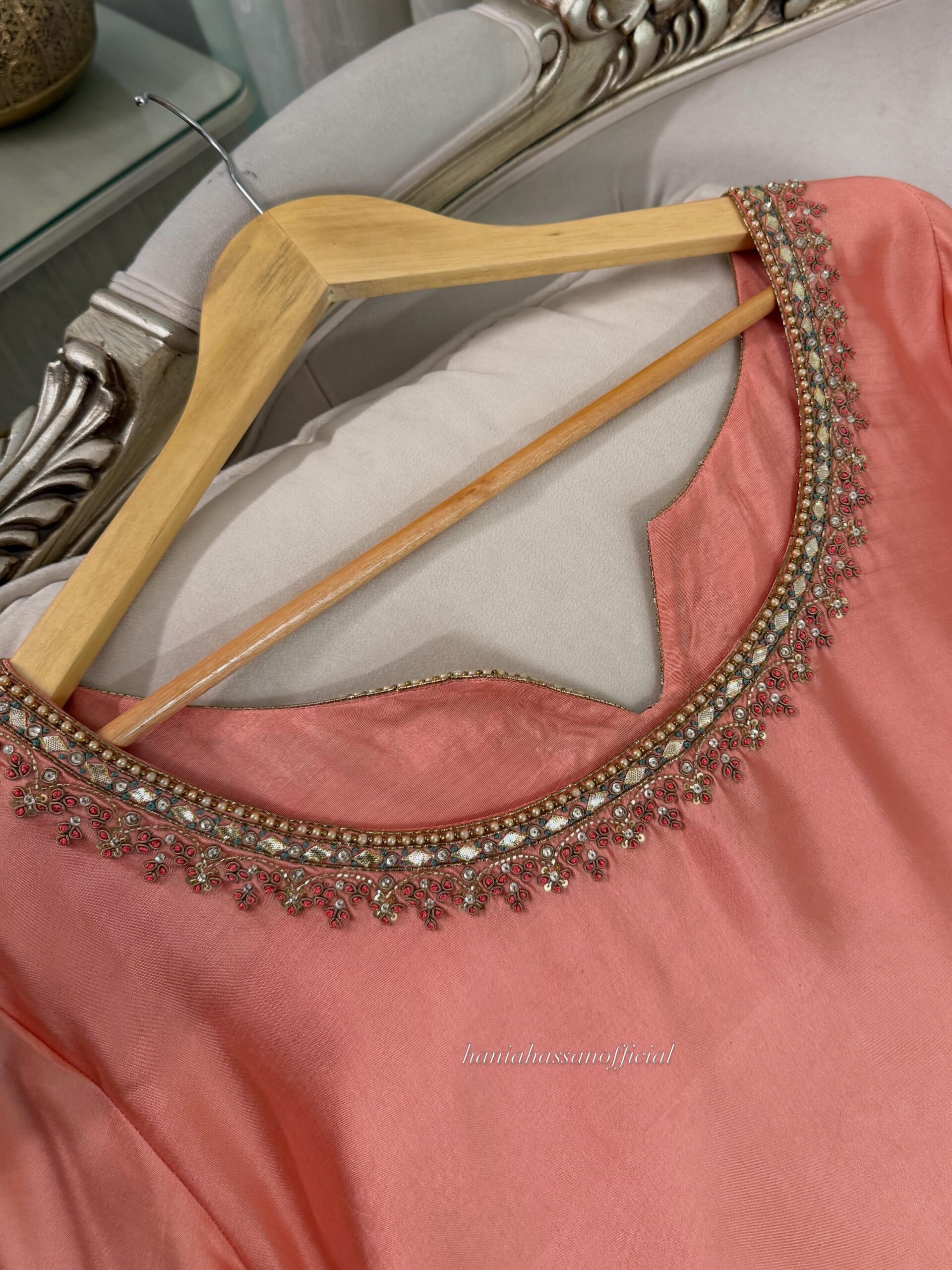 Coral Pink Silk Embellished Suit with Heavy Gota Dupatta - Image 7