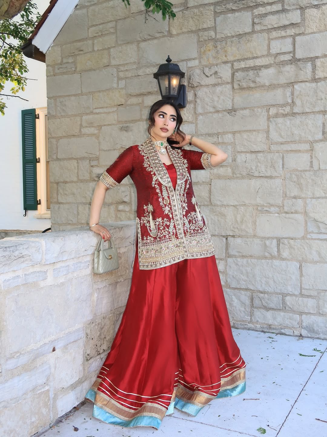 Maroon Jacket Style Plazo Suit