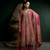 Royal rose gold metallic tissue suit with heavy embroidery paired with a matching tulip salwar.