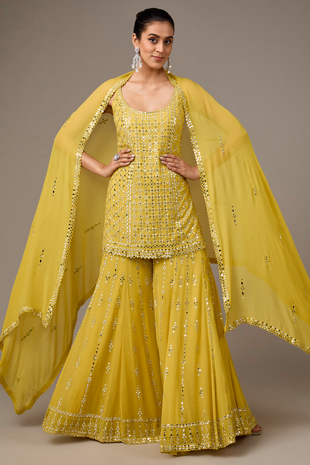 Yellow Georgette Mirror Work Sharara Set