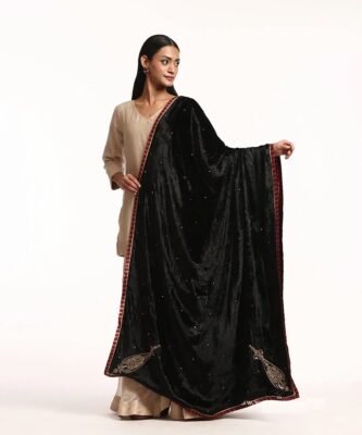 Black Hand-Embroidered Velvet Doshala | Luxury Winter Ethnic Wear – CoutureCraze