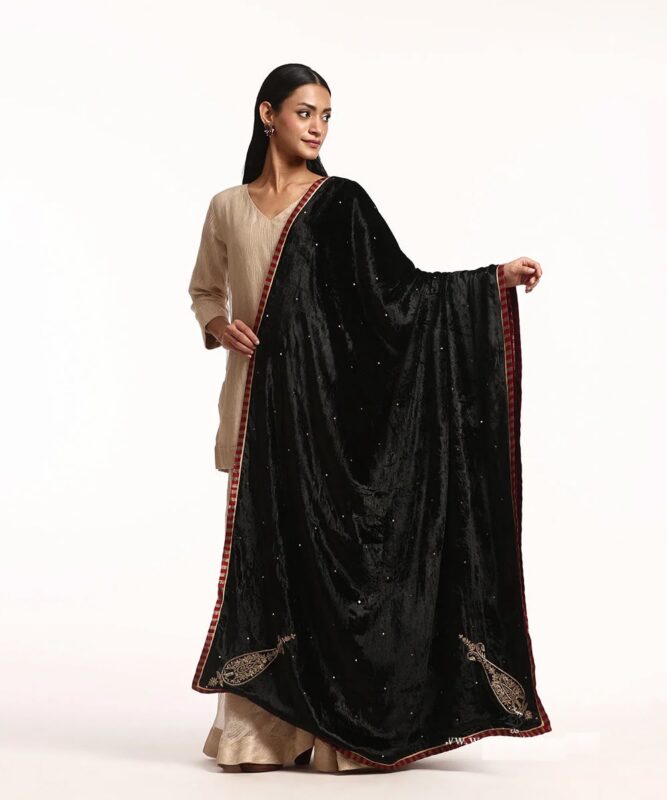 Black Hand-Embroidered Velvet Doshala | Luxury Winter Ethnic Wear – CoutureCraze