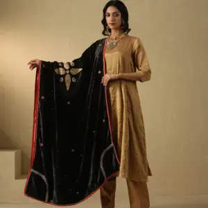 Black hand-embroidered zardozi silk velvet doshala luxury ethnic wrap by CoutureCraze
