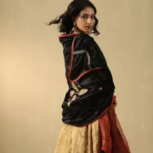 Black hand-embroidered zardozi silk velvet doshala luxury ethnic wrap by CoutureCraze