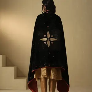 Black hand-embroidered zardozi silk velvet doshala luxury ethnic wrap by CoutureCraze