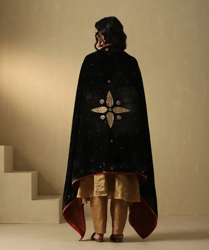 Black hand-embroidered zardozi silk velvet doshala luxury ethnic wrap by CoutureCraze