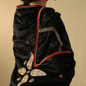 Black hand-embroidered zardozi silk velvet doshala luxury ethnic wrap by CoutureCraze