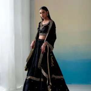 Black hand-embroidered zardozi velvet kalidaar lehenga set with blouse and doshala by CoutureCraze