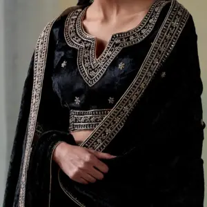 Black hand-embroidered zardozi velvet kalidaar lehenga set with blouse and doshala by CoutureCraze