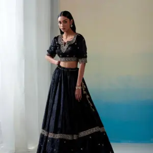 Black hand-embroidered zardozi velvet kalidaar lehenga set with blouse and doshala by CoutureCraze