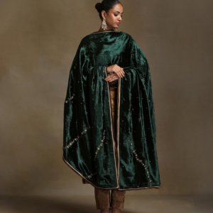 Bottle green hand-embroidered silk velvet doshala luxury ethnic wrap by CoutureCraze