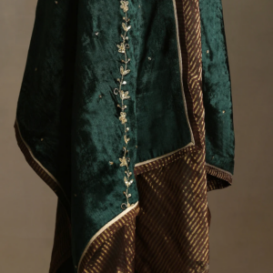 Bottle green hand-embroidered silk velvet doshala luxury ethnic wrap by CoutureCraze