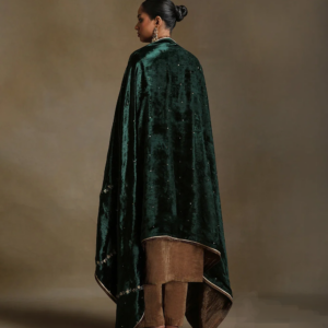 Bottle green hand-embroidered silk velvet doshala luxury ethnic wrap by CoutureCraze