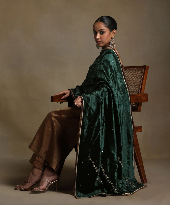 Bottle green hand-embroidered silk velvet doshala luxury ethnic wrap by CoutureCraze