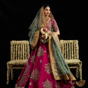 Magenta & Sage Green Hand-Embroidered Bridal Lehenga | CoutureCraze