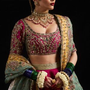 Magenta & Sage Green Hand-Embroidered Bridal Lehenga | CoutureCraze