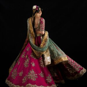 Magenta & Sage Green Hand-Embroidered Bridal Lehenga | CoutureCraze