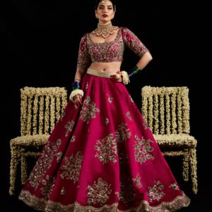 Magenta & Sage Green Hand-Embroidered Bridal Lehenga | CoutureCraze