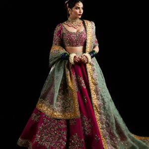 Magenta & Sage Green Hand-Embroidered Bridal Lehenga | CoutureCraze