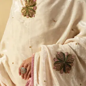 Off-white hand-embroidered zardozi silk velvet doshala luxury ethnic wrap by CoutureCraze