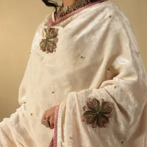 Off-white hand-embroidered zardozi silk velvet doshala luxury ethnic wrap by CoutureCraze