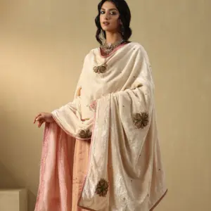 Off-white hand-embroidered zardozi silk velvet doshala luxury ethnic wrap by CoutureCraze