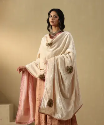 Off-white hand-embroidered zardozi silk velvet doshala luxury ethnic wrap by CoutureCraze