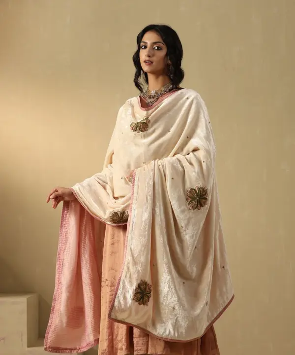 Off-white hand-embroidered zardozi silk velvet doshala luxury ethnic wrap by CoutureCraze