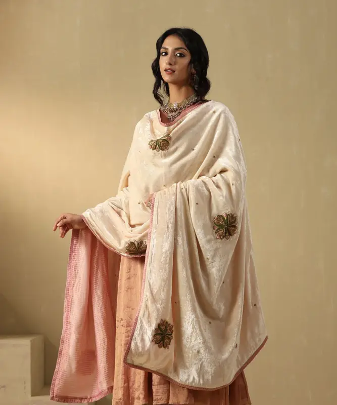 Off-white hand-embroidered zardozi silk velvet doshala luxury ethnic wrap by CoutureCraze
