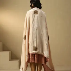Off-white hand-embroidered zardozi silk velvet doshala luxury ethnic wrap by CoutureCraze