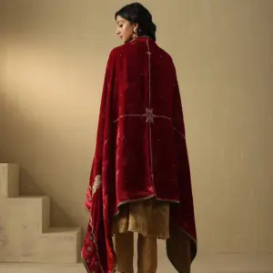 Red and maroon hand-embroidered zardozi silk velvet doshala luxury ethnic wrap by CoutureCraze