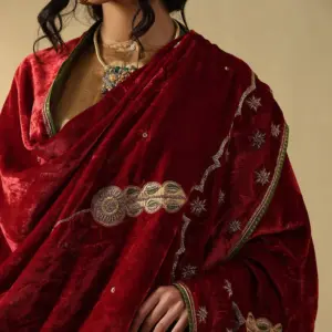 Red and maroon hand-embroidered zardozi silk velvet doshala luxury ethnic wrap by CoutureCraze