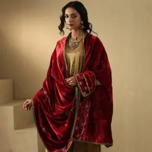 Red and maroon hand-embroidered zardozi silk velvet doshala luxury ethnic wrap by CoutureCraze