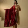 Red and maroon hand-embroidered zardozi silk velvet doshala luxury ethnic wrap by CoutureCraze