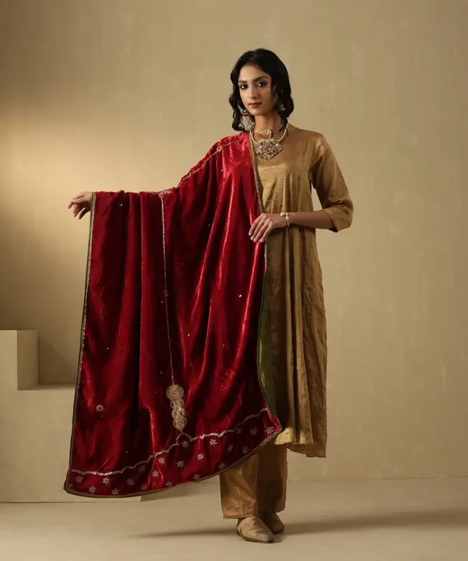 Red and maroon hand-embroidered zardozi silk velvet doshala luxury ethnic wrap by CoutureCraze